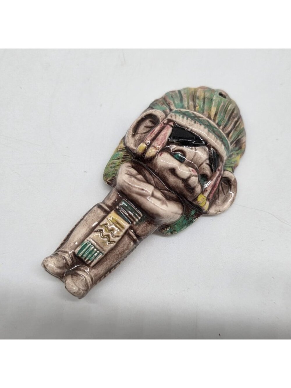 Native American Chief Hanging Ornament Glazed Ceramic Mouse Figure  4" Feather